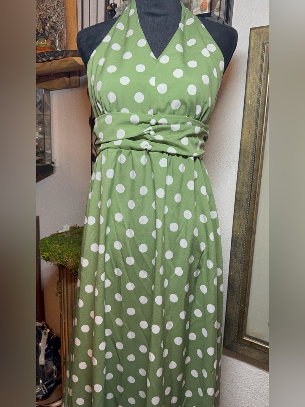 SHEIN Rockabilly Sage Green Polka Dot Halter Midi Dress •Size M•